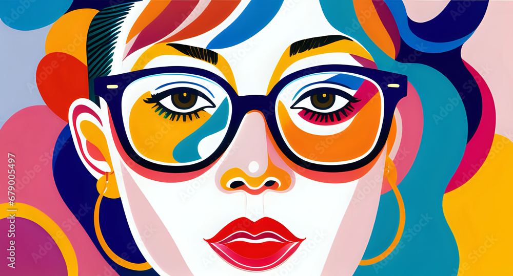 Woman with glasses, painting with vivid colors