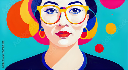 Woman with glasses, painting with vivid colors