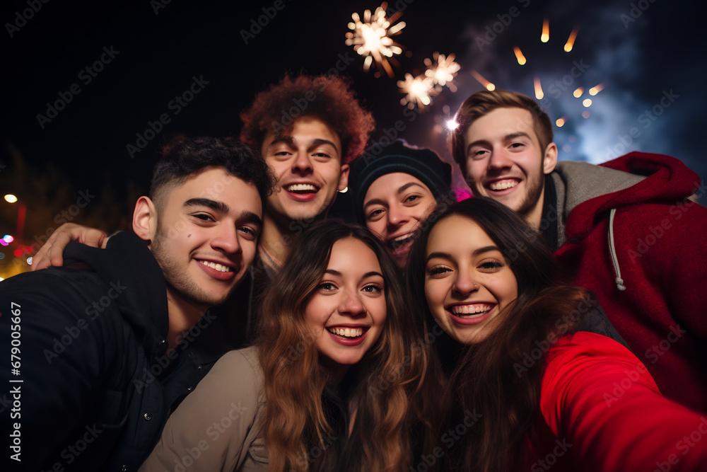 Portrait of happy group of people friends with a huge fireworks in the background Portrait of happy group of people friends with a huge fireworks in the background