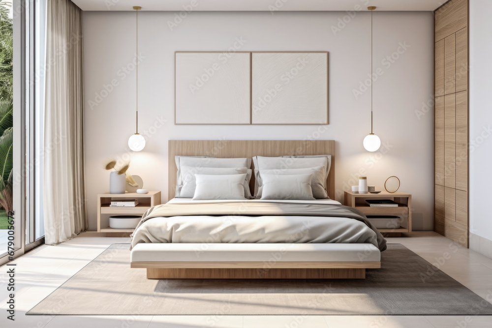 Fototapeta premium Tranquil and Chic Bedroom Oasis with Modern Minimalist Design