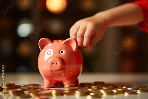 child hand putting coins in a pink piggy bank and coins are also there 