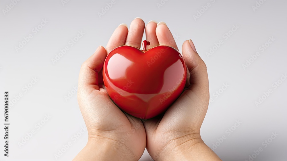 Red beautiful apple in the shape of a heart in the hands of a woman on a white background Red beautiful apple in the shape of a heart in the hands of a woman on a white background