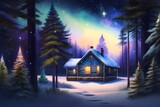 Watercolor cabin in mountains, night sky full of stars. Painted Fir trees, Winter Woodland Snowy White Christmas village scene card illustration background. Holiday art print.