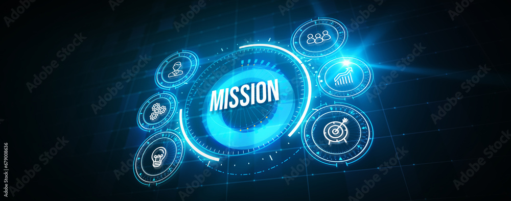 Mission concept. Financial success concept on virtual screen. Business, technology, internet and networking concept. 3d illustration Mission concept. Financial success concept on virtual screen. Business, technology, internet and networking concept. 3d illustration