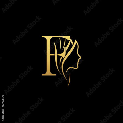 gold colored initial f combined with female face indicating beauty use for salon, hair, business, logo, design, vector, company, branding, and more