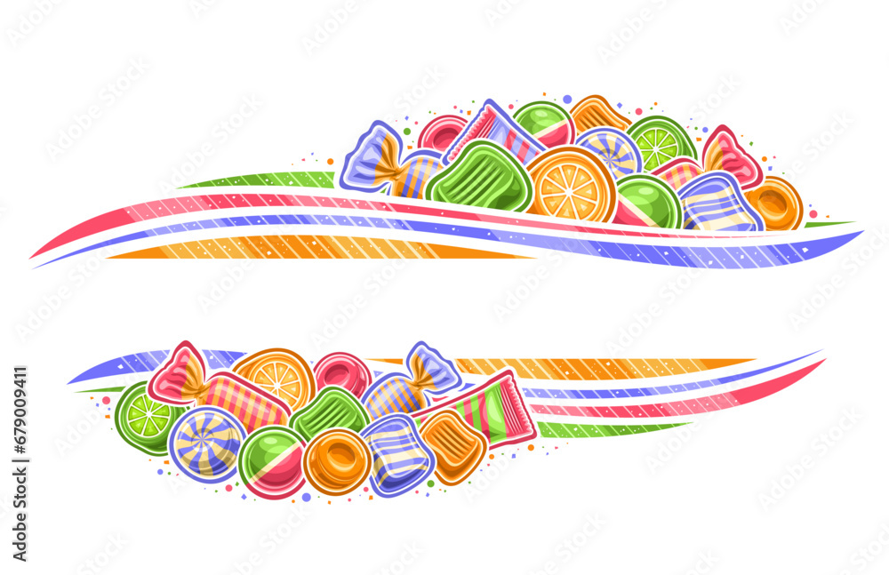 Vector border for Candy Store with blank copy space for ad text, decorative sign board with illustration of multi colored wrapping hard candies, different bubblegums and group cartoon chewing candies