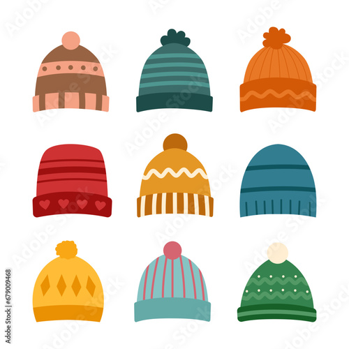 Set of winter caps isolated on white. 
