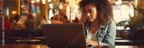 Image of a young woman at a laptop in a cafe. photo