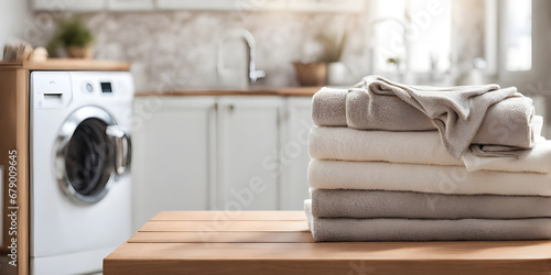 Wooden tabletop counter with towels. out of focus washing machine in home laundry. © Smile Studio AP