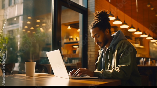 Image of a young man at a laptop in a cafe.