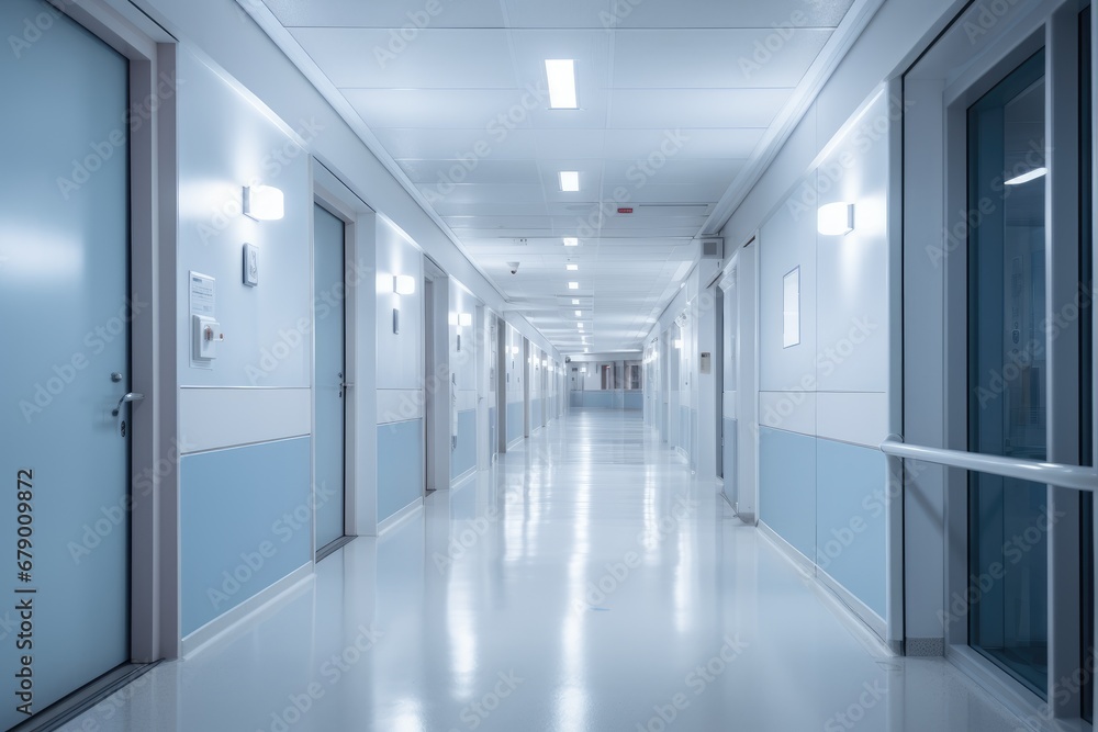 Interior of a hospital corridor with blue walls and white floor. Generative Ai Interior of a hospital corridor with blue walls and white floor. Generative Ai