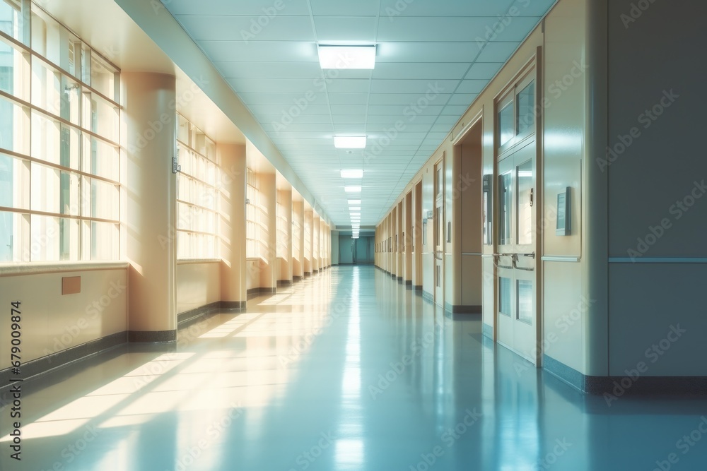 Empty hospital corridor with no people. 3d rendering toned image. Generative Ai