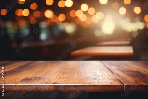 Wooden table in front of abstract blurred background with bokeh. Generative Ai