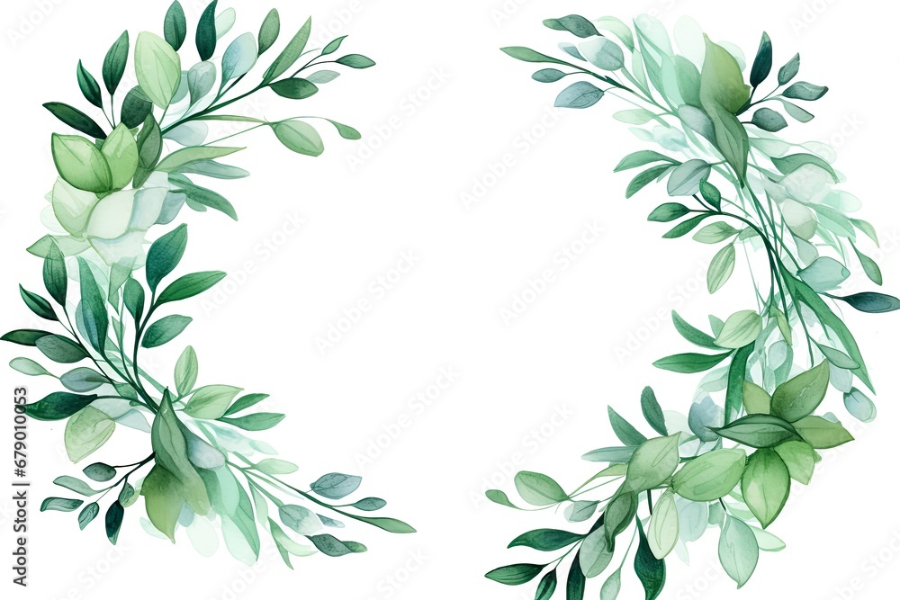Light Teal and Gold Watercolor Wreath with Green Leaves on White Background. Light Teal and Gold Watercolor Wreath with Green Leaves on White Background.