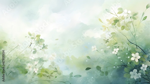 Green Flowers and Leaves Watercolor Painting Soft, Dreamy Landscape Digital Art.