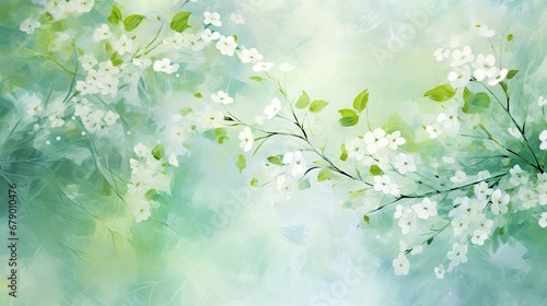 Springtime Green Watercolor Abstract with Flowers Light Teal and White Digital Painting.
