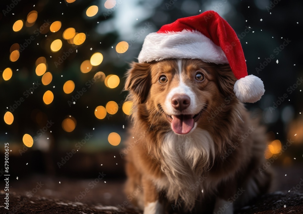 Happy smiling puppy dog is wearing a Christmas Santa hat
