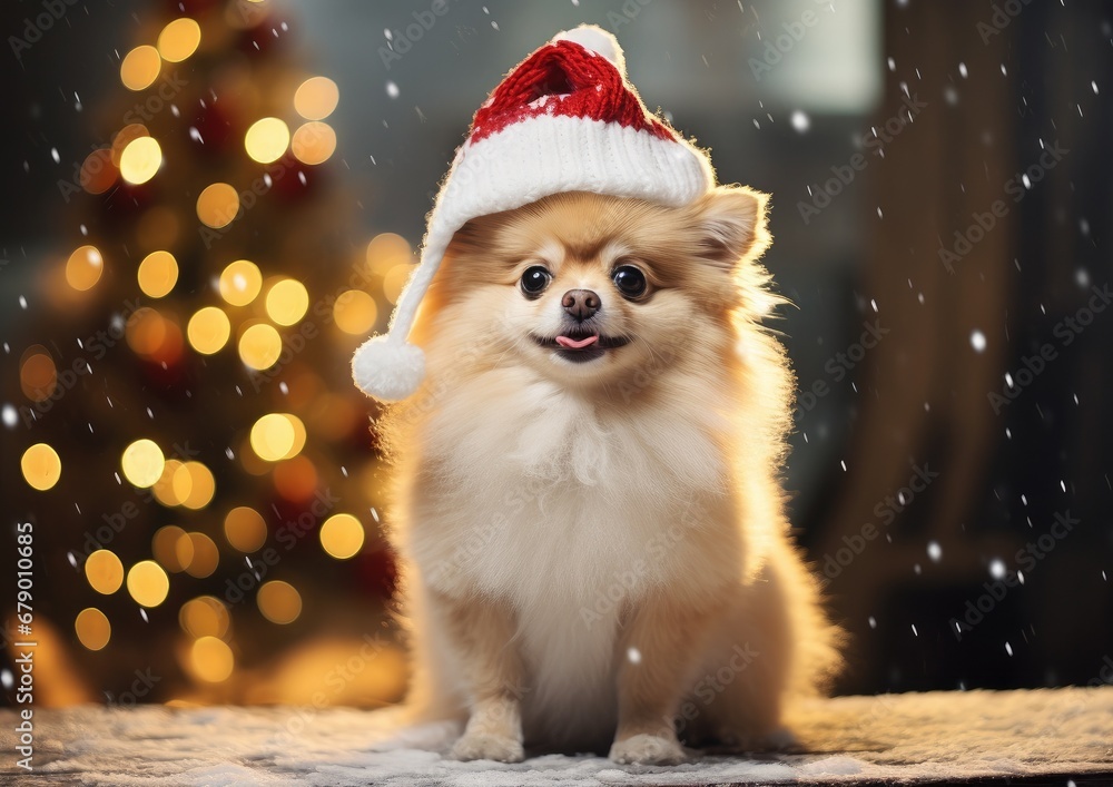 Happy smiling puppy dog is wearing a Christmas Santa hat Happy smiling puppy dog is wearing a Christmas Santa hat