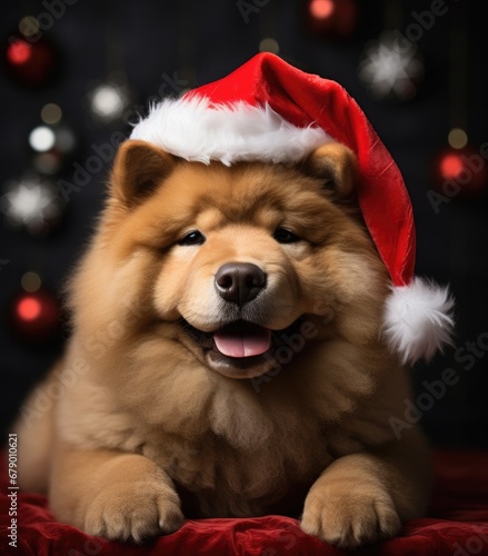 chow chow Happy smiling puppy dog is wearing a Christmas Santa hat © suthiwan
