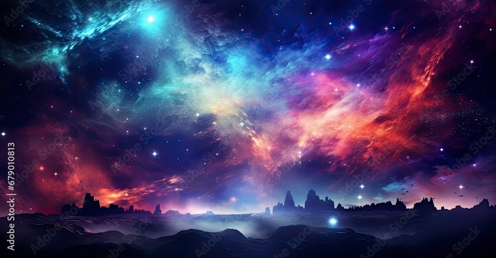 Naklejka premium Technicolor Dreamscape of a Vast Galaxy with Interacting Blue Stars.