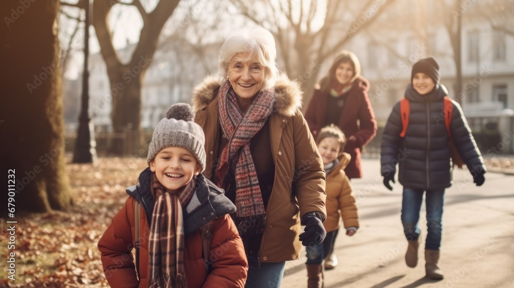 Senior grandparent picking up grandchildren after school. Senior grandparent picking up grandchildren after school.