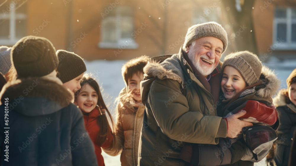Fototapeta premium Senior grandparent picking up grandchildren after school.