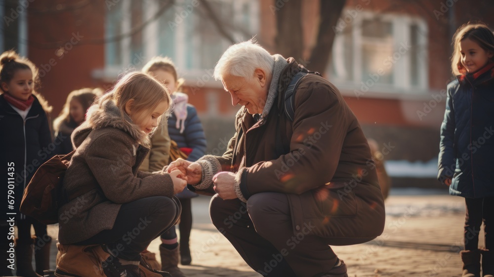 Fototapeta premium Senior grandparent picking up grandchildren after school.