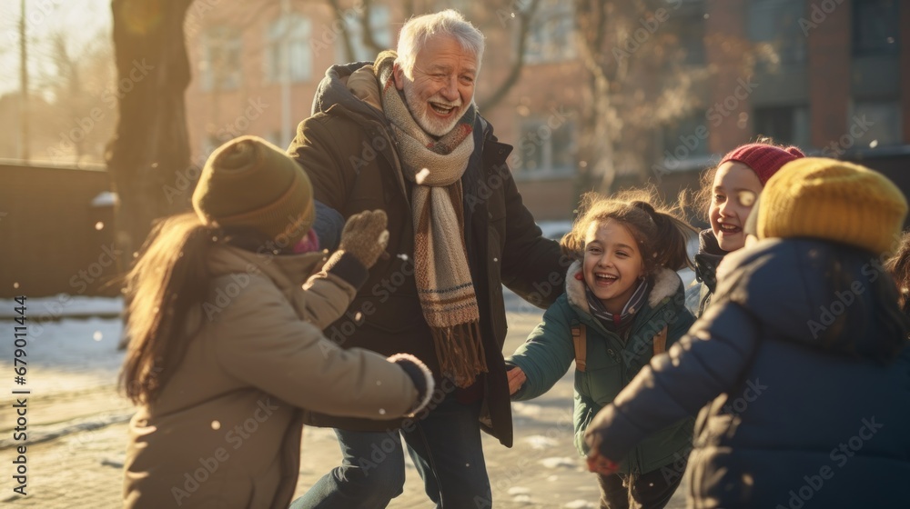 Senior grandparent picking up grandchildren after school. Senior grandparent picking up grandchildren after school.