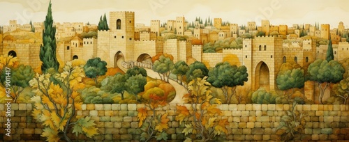 Watercolor Landscape of the Jerusalem Wall with Soft Yellow and Emerald Tones. photo