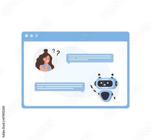 Chatbot concept. Woman chatting with robot. AI business assistant. Online customer support and FAQ. Artificial intelligence technology. Vector illustration in flat cartoon style.