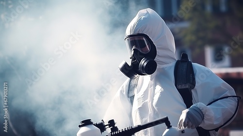 A guy from the pest control service in a mask and a white protective suit sprays poisonous gas photo