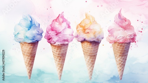 Colorful ice cream with different flavors watercolor illustration. Card background frame. photo
