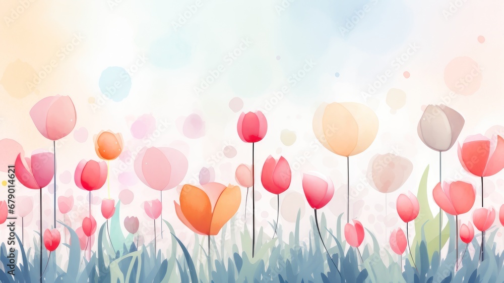 Spring flowers watercolor illustration. Card background frame. Copy space.