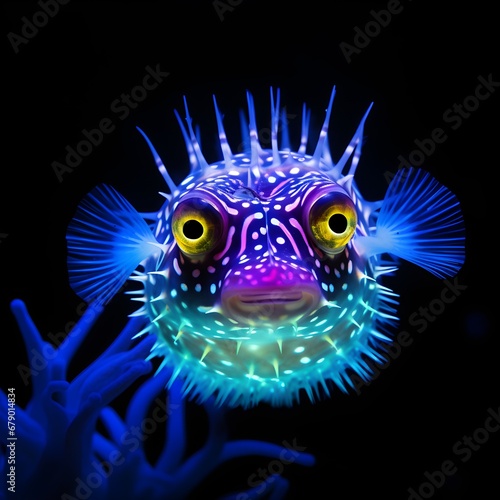 UV blacklight neon light of puffer in underwater