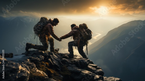 Two man working as a team climbing up to top of mountain. Team work concept.