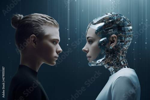 A woman opposite the AI - confrontation between humanity and artificial intelligence