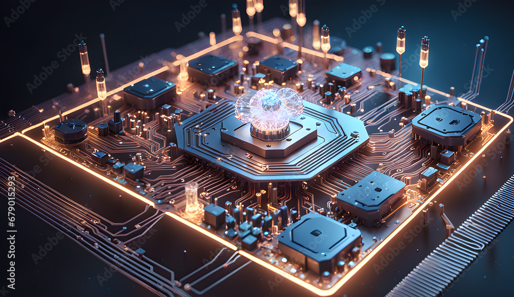 Fototapeta premium Abstract technology background of a data computing system with connected particles, Artificial neurons, global data connections.