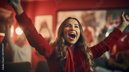 A female sports fan is happy with a group of friends, many cheering together happily and excited to watch their favorite football team. Cheering sports fans wear red and white cheer team shirts.