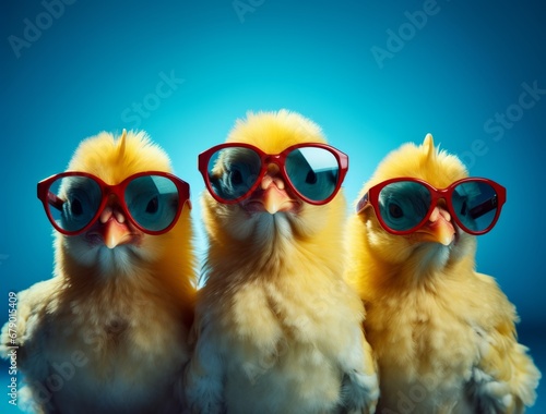 Three chicks with sunglasses isolated on studio blue background.