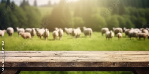 The empty wooden brown table top with blur background of sheep pasture. Exuberant image. generative AI photo