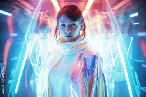 Captivating Portrait of a Stylish Woman in a Colorful Hologram Generative AI