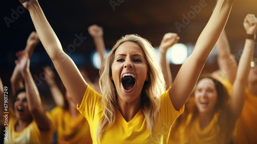 A female sports fan is happy with a group of friends, many cheering together happily and excited to watch their favorite football team. Cheering sports fans wear yellow cheer team shirts.