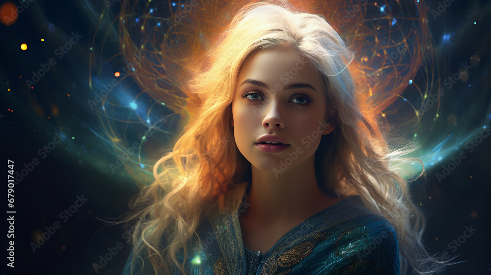 Blonde girl (Pleiadian) against the backdrop of space. Blonde girl (Pleiadian) against the backdrop of space.