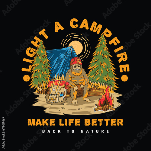 Vector illustration of camping gorilla in the summer forest using cartoon style with campfire, camping bag, and tent. Suitable for T-shirt designs, sticker, embroidery, web design or print, etc