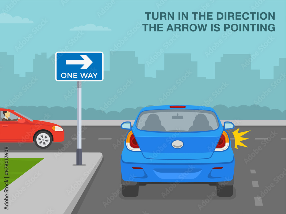 Safe driving tips and traffic regulation rules. Back view of a car turning right into a one-way street. Flat vector illustration template. Safe driving tips and traffic regulation rules. Back view of a car turning right into a one-way street. Flat vector illustration template.