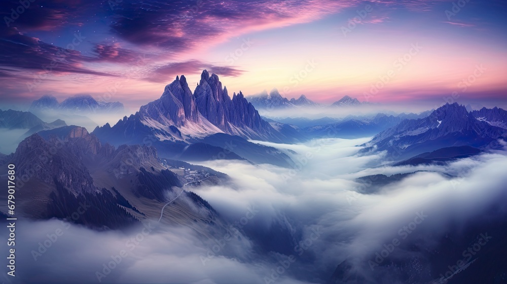 Autumn Nightscape with Milky Way Over Fog-Enshrouded Mountains and Valley Illumination.