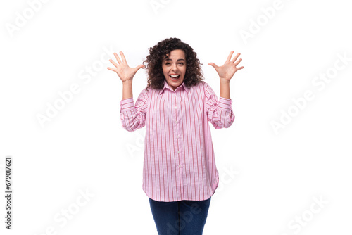 young authentic caucasian leader woman in pink striped shirt isolated white studio background