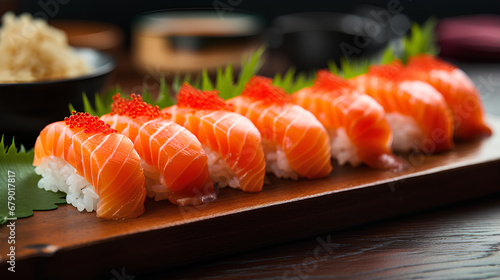 An extreme closeup shot of nigiri sushi, food photography, cozy atmosphere, evening, and interior shot.