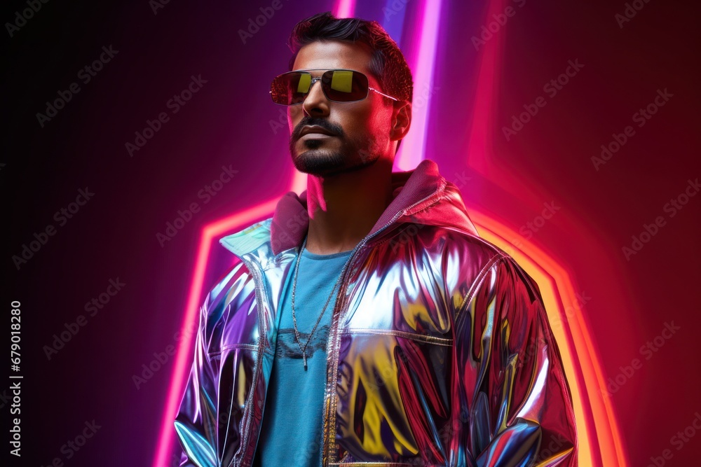 Stylish Hispanic Man in a Shiny Jacket and Sunglasses Generative AI Stylish Hispanic Man in a Shiny Jacket and Sunglasses Generative AI