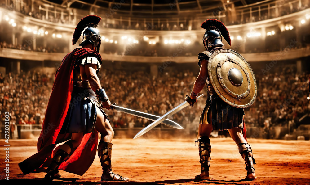 Fight of two Roman soldiers. Digital art. Colosseum warriors fighting in gladiator's arena. greek soldiers with sword and shield. warriors on arena background. Generative AI.